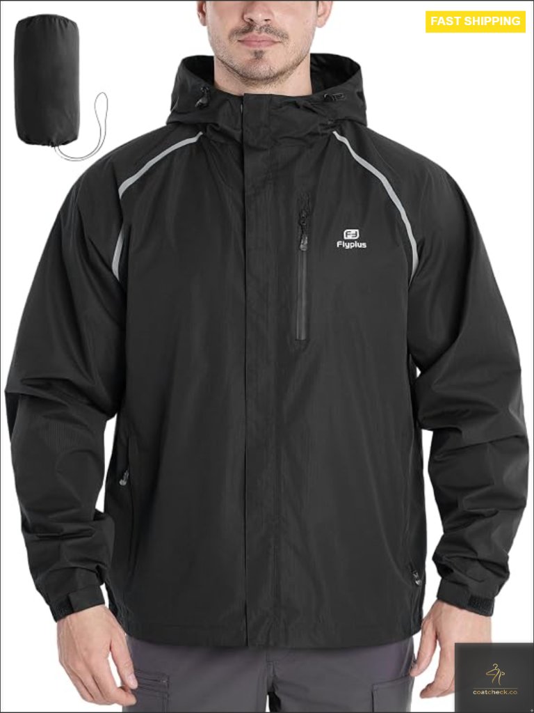 Men's Reflective Rain Jacket Water-Resistant Lightweight Windbreaker Packable